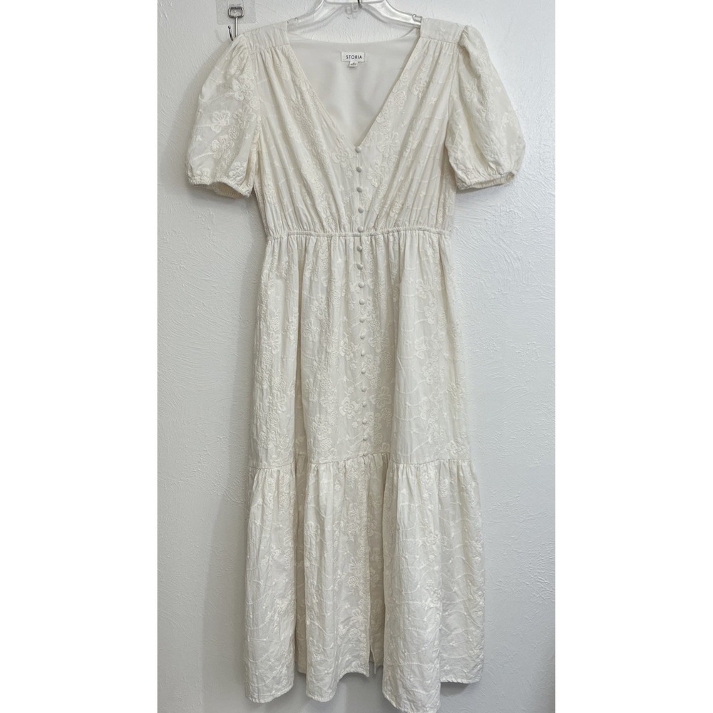 Storia Cotton Embroidered V-Neck Midi Dress Size M Ivory Buttons Cottagecore
